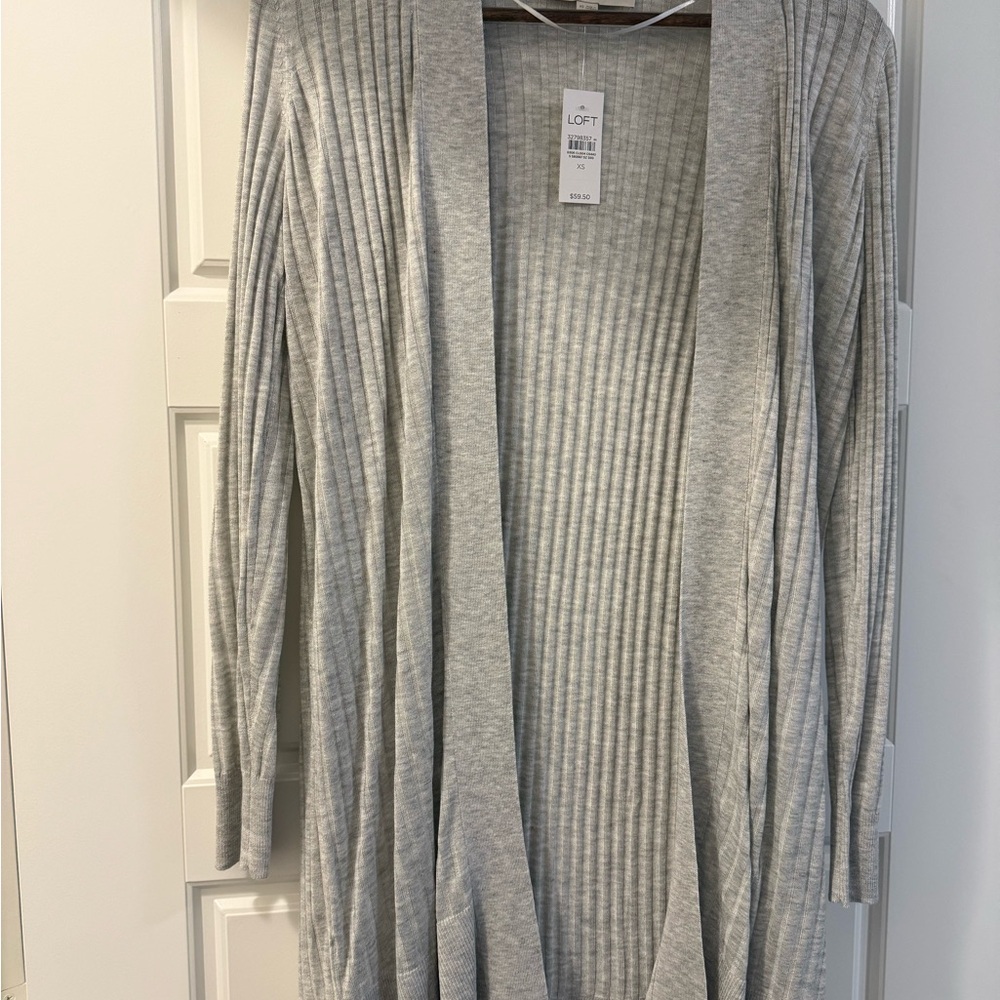LOFT Heather Gray Ribbed Open-Front Cardigan